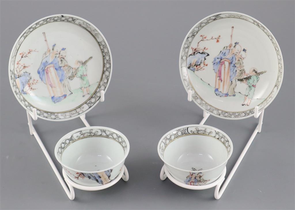 A pair of Chinese famille rose sages tea bowls and saucers, Qianlong period, saucers 11.7cm diameter